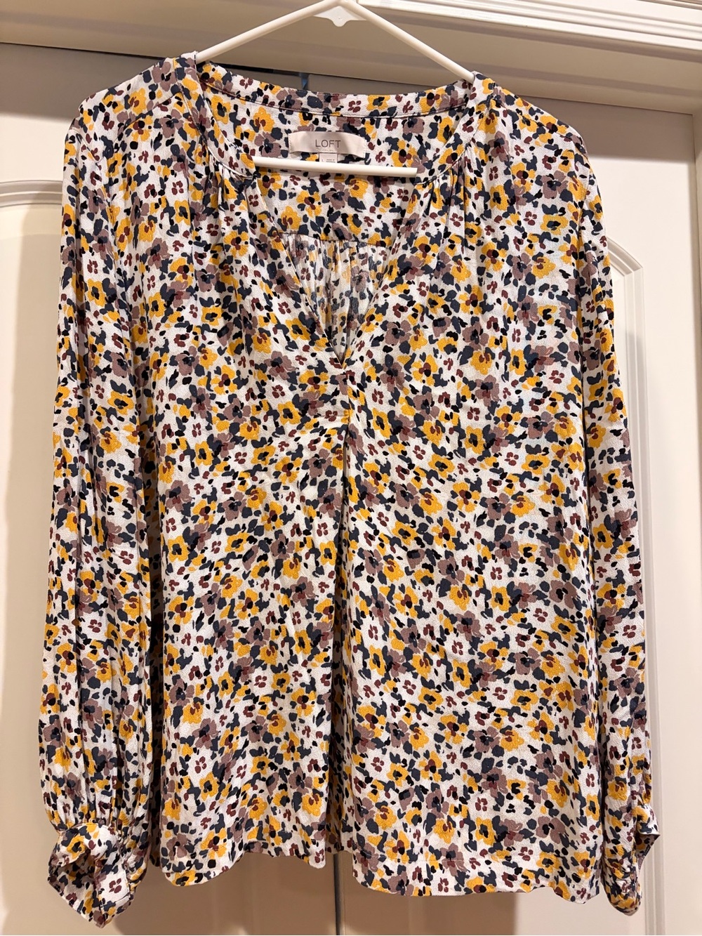 LOFT Floral V-Neck Blouse in Mustard, Black & Cream